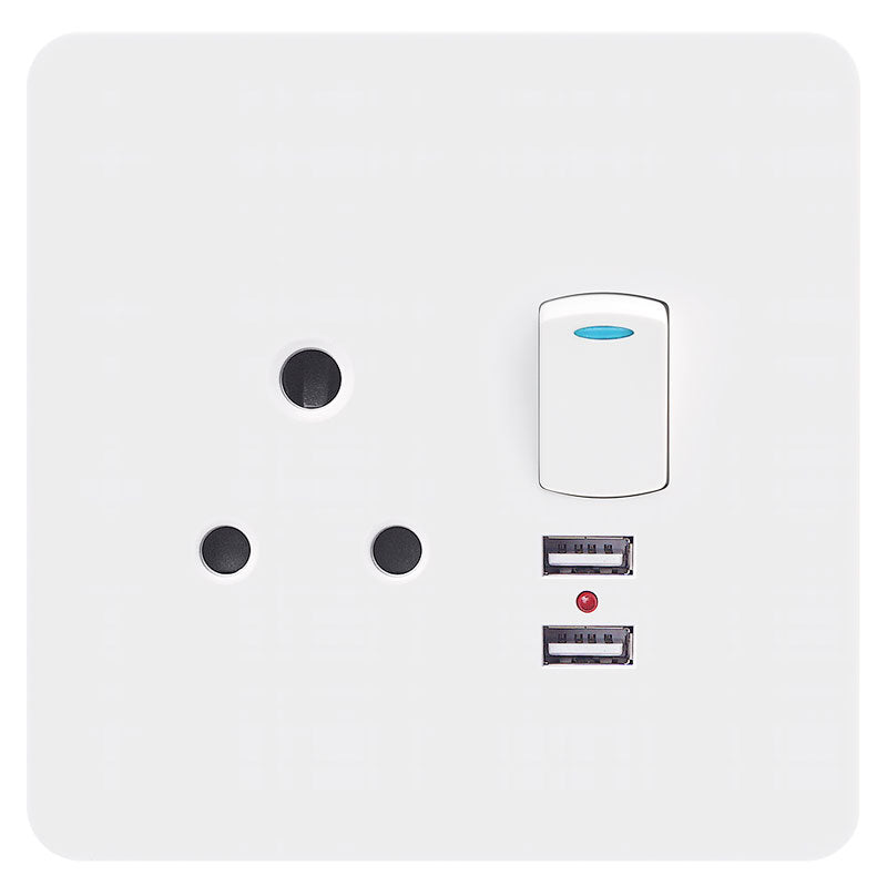 Single Switched Socket 16A; 2 x USB 2100mA