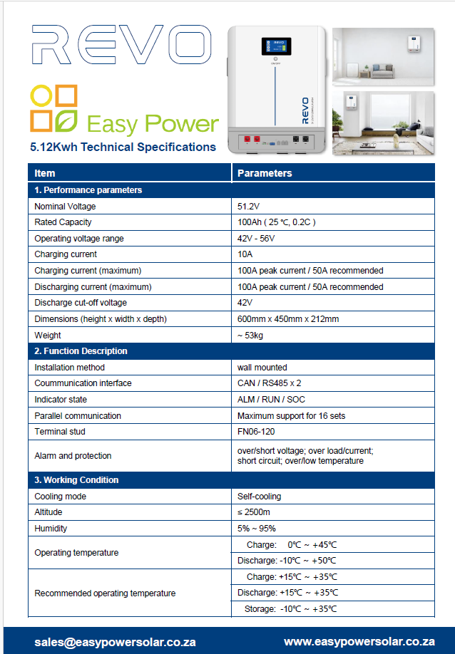 Revo 5.12kwh Wall- Mount 16 Cell Battery