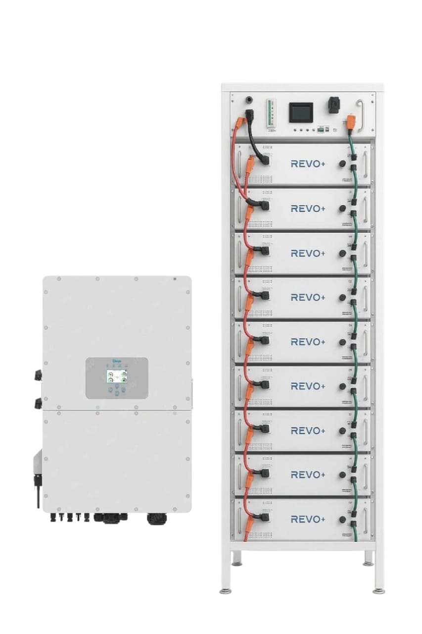 Revo + 61.44kWh HV Battery Set (Includes 12 x 5.12kWh battery, Deye 50kw Hybrid Inverter, Rack and HV Control box